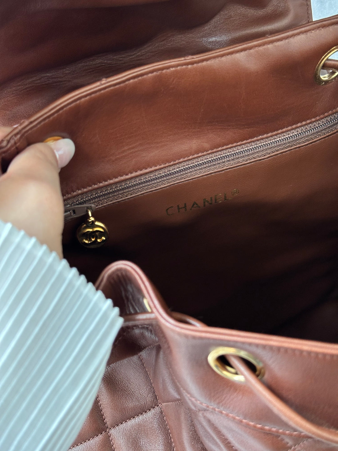 CHANEL Vintage Chocolate Lambskin Backpack with Oversized CC Turnlock + Sticker & Card
