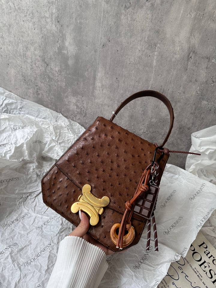 CELINE Vintage Triomphe Ostrich Bag – Rare Edition with Oversized "Bone" Charm + Strap