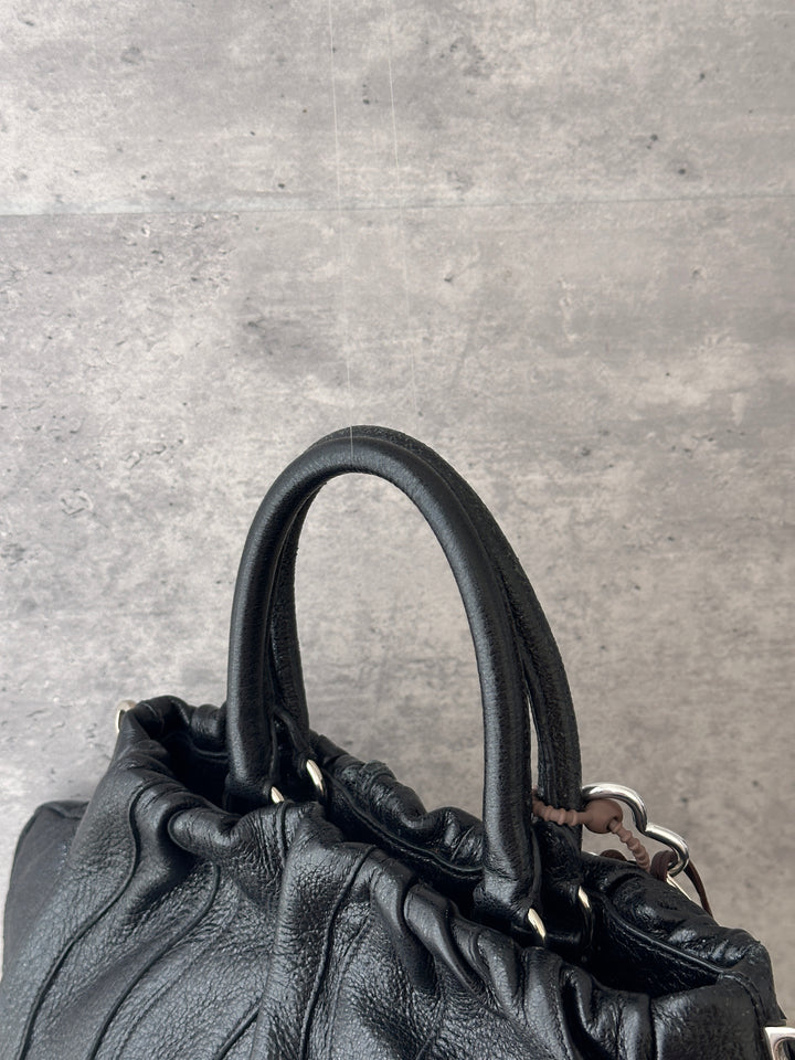 PRADA Pleated Pumpkin Tote Bag 🖤｜Glossy Black Leather × Sculptural Pleats × Custom-Strap Friendly