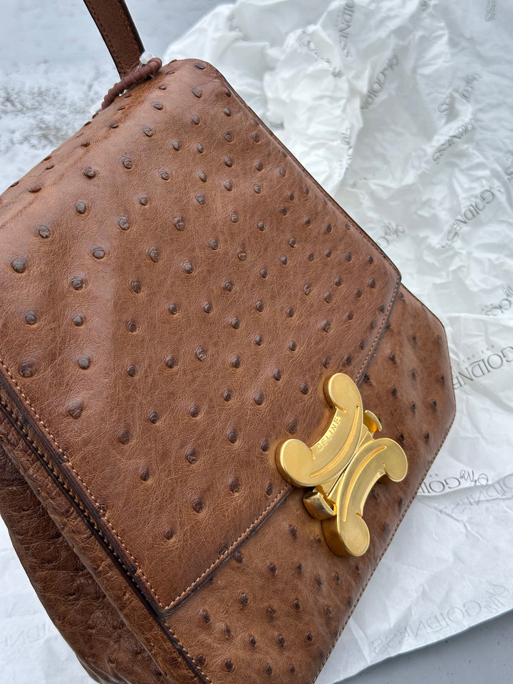 CELINE Vintage Triomphe Ostrich Bag – Rare Edition with Oversized "Bone" Charm + Strap