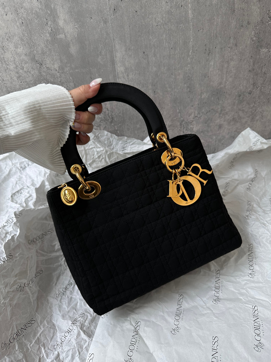 DIOR Lady Dior Black Fabric Bag with Gold Hardware – Near Pristine + Long Strap Included
