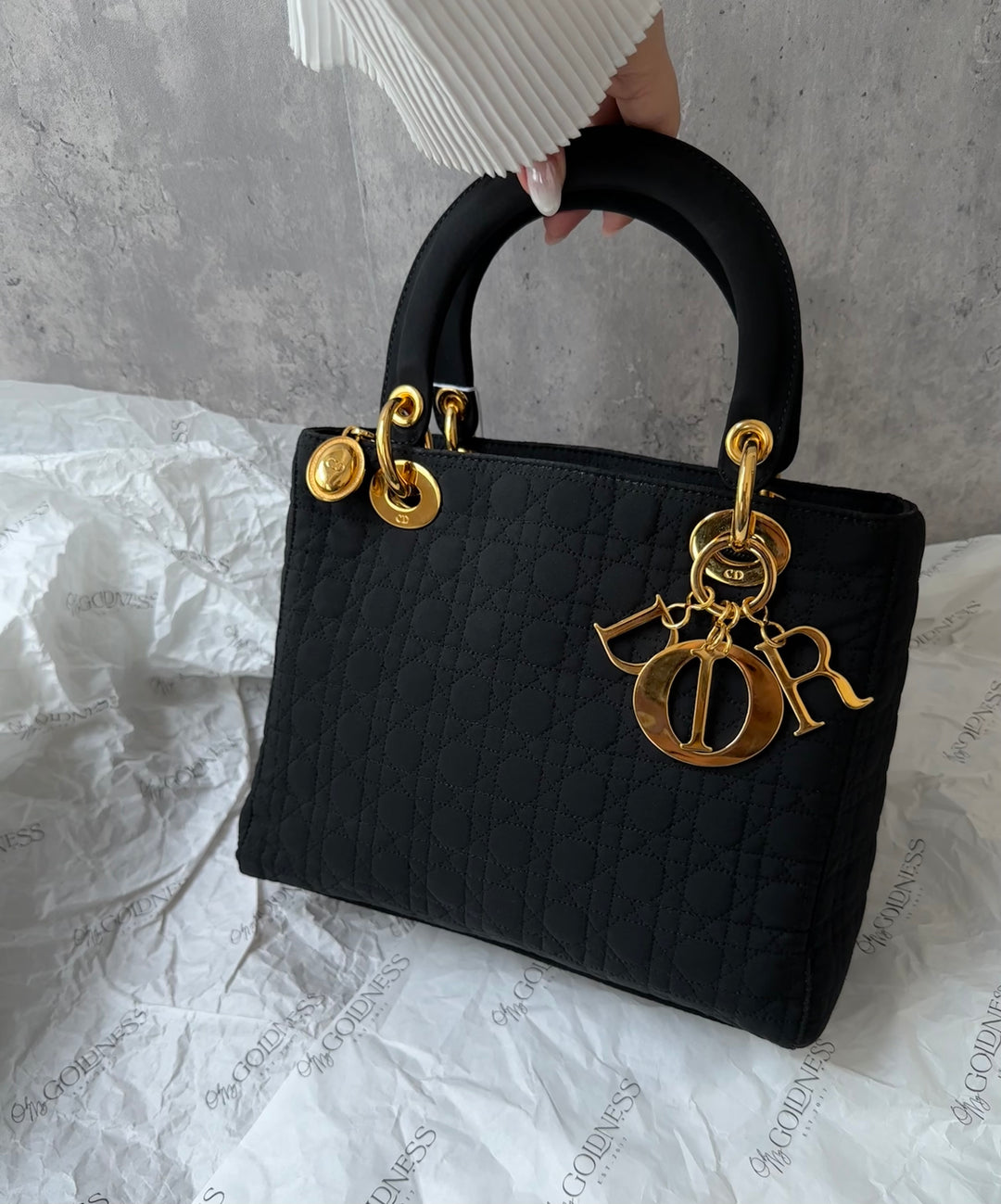 DIOR Lady Dior Black Fabric Bag with Gold Hardware – Near Pristine + Long Strap Included