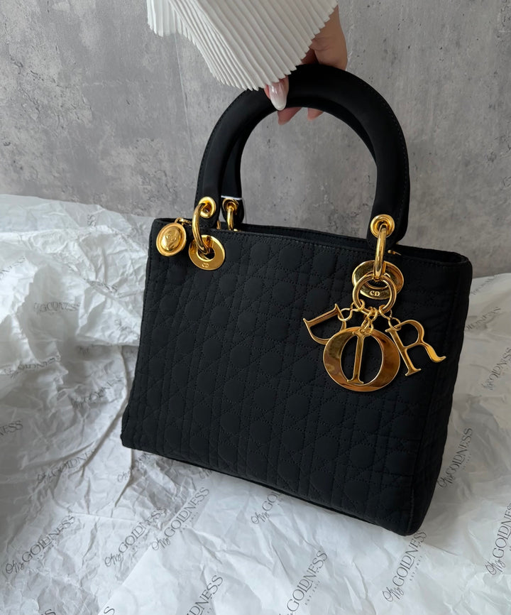 DIOR Lady Dior Black Fabric Bag with Gold Hardware – Near Pristine + Long Strap Included