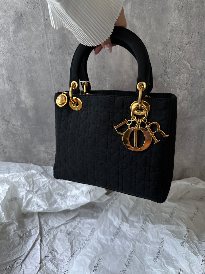 DIOR Lady Dior Black Fabric Bag with Gold Hardware – Near Pristine + Long Strap Included