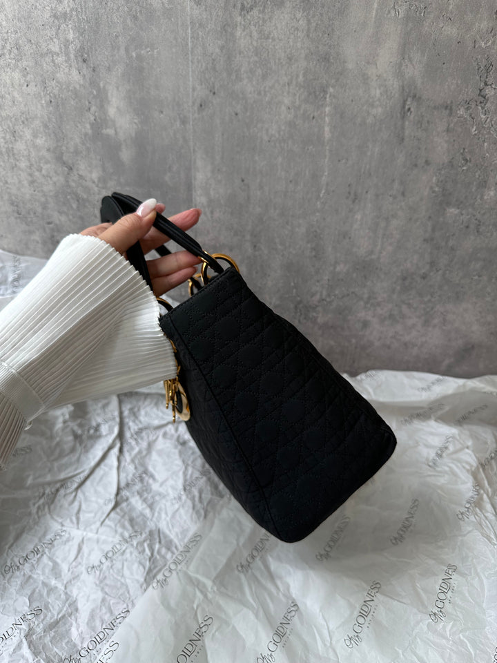 DIOR Lady Dior Black Fabric Bag with Gold Hardware – Near Pristine + Long Strap Included