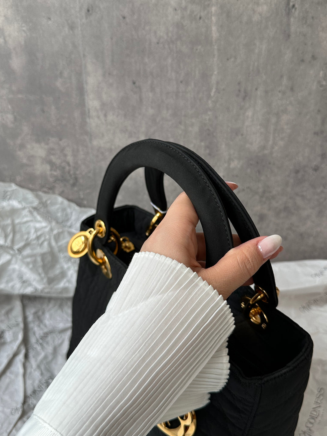 DIOR Lady Dior Black Fabric Bag with Gold Hardware – Near Pristine + Long Strap Included
