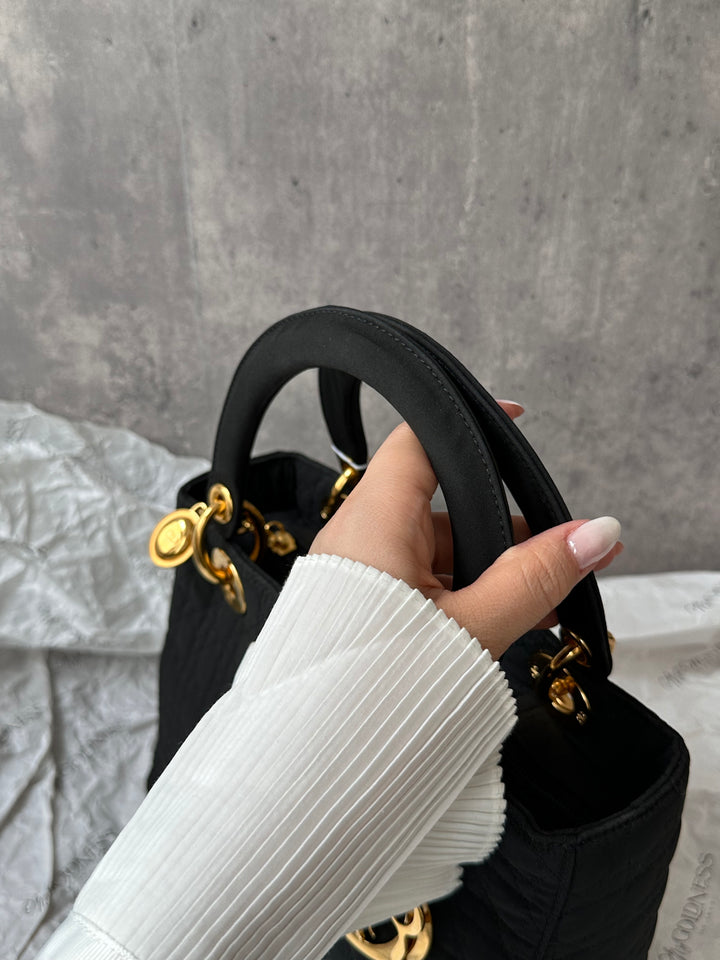 DIOR Lady Dior Black Fabric Bag with Gold Hardware – Near Pristine + Long Strap Included