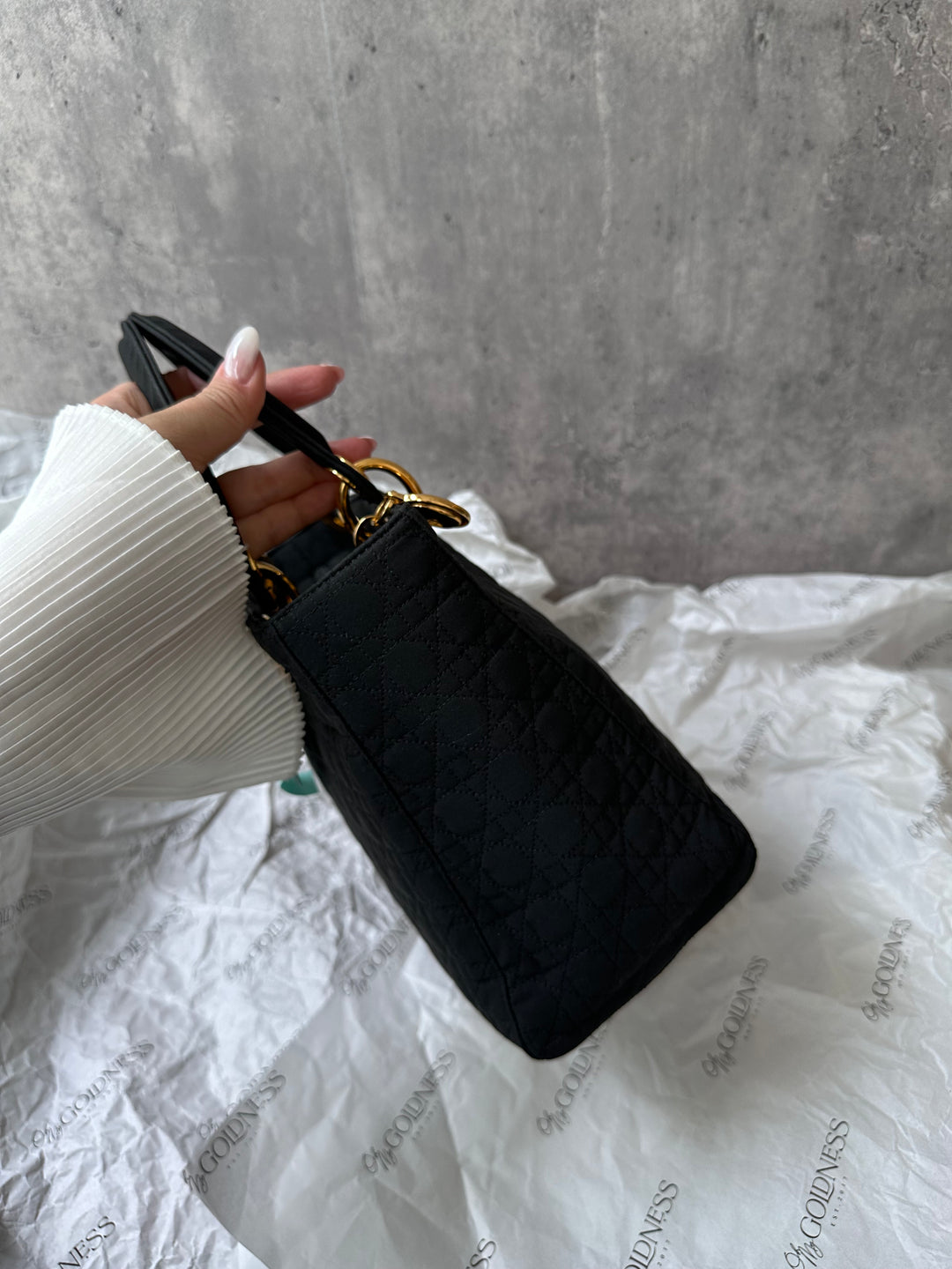 DIOR Lady Dior Black Fabric Bag with Gold Hardware – Near Pristine + Long Strap Included