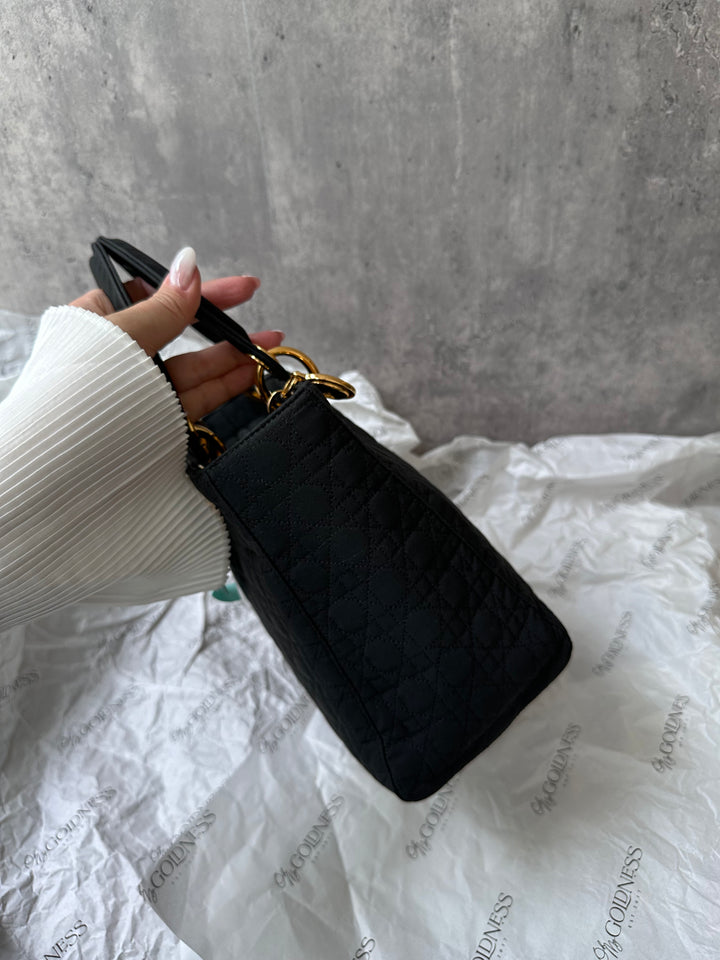 DIOR Lady Dior Black Fabric Bag with Gold Hardware – Near Pristine + Long Strap Included