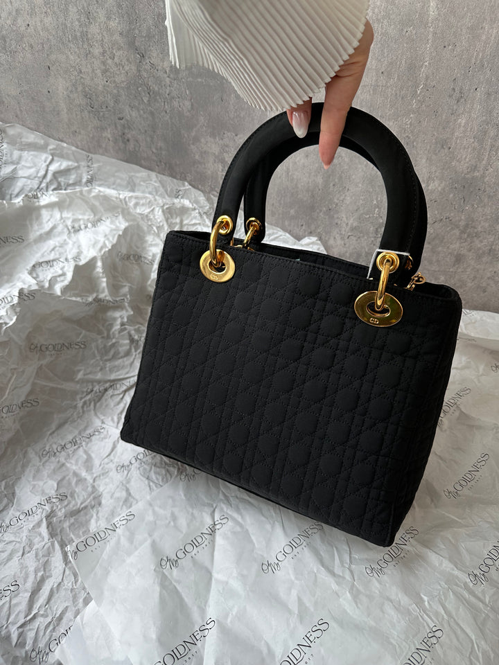 DIOR Lady Dior Black Fabric Bag with Gold Hardware – Near Pristine + Long Strap Included