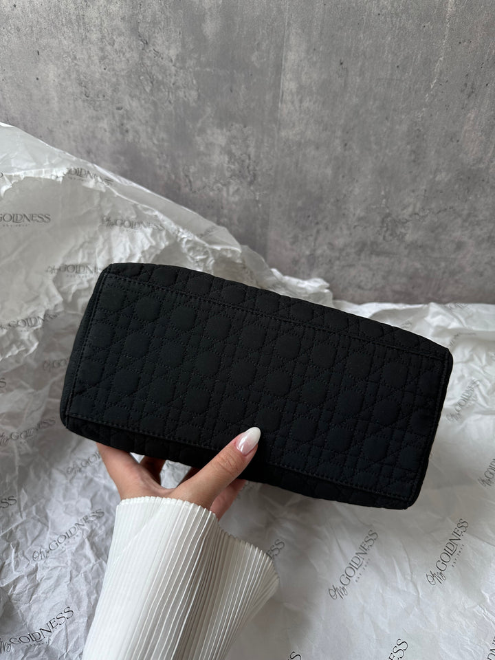 DIOR Lady Dior Black Fabric Bag with Gold Hardware – Near Pristine + Long Strap Included