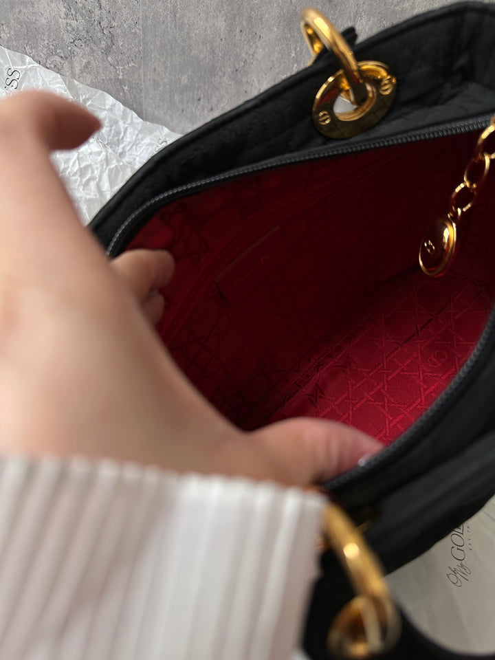 DIOR Lady Dior Black Fabric Bag with Gold Hardware – Near Pristine + Long Strap Included