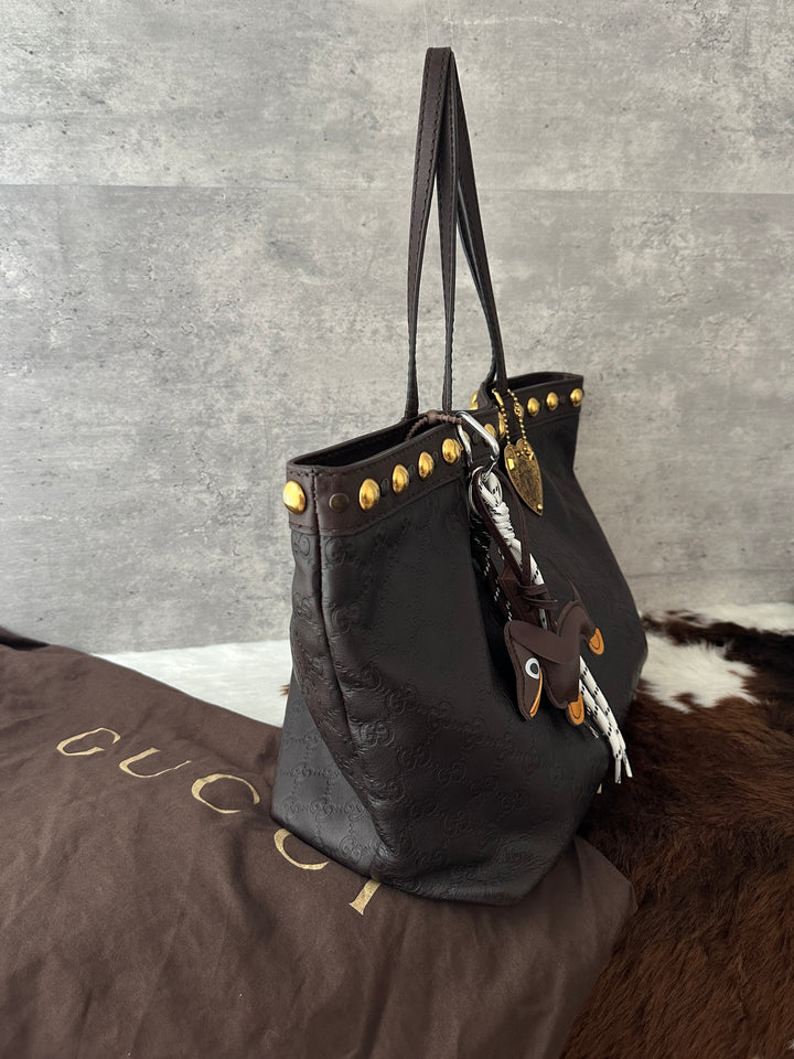 GUCCI Chocolate Monogram Studded Tote Bag 🤎｜Full Set × Heart Charm × Laptop-Friendly