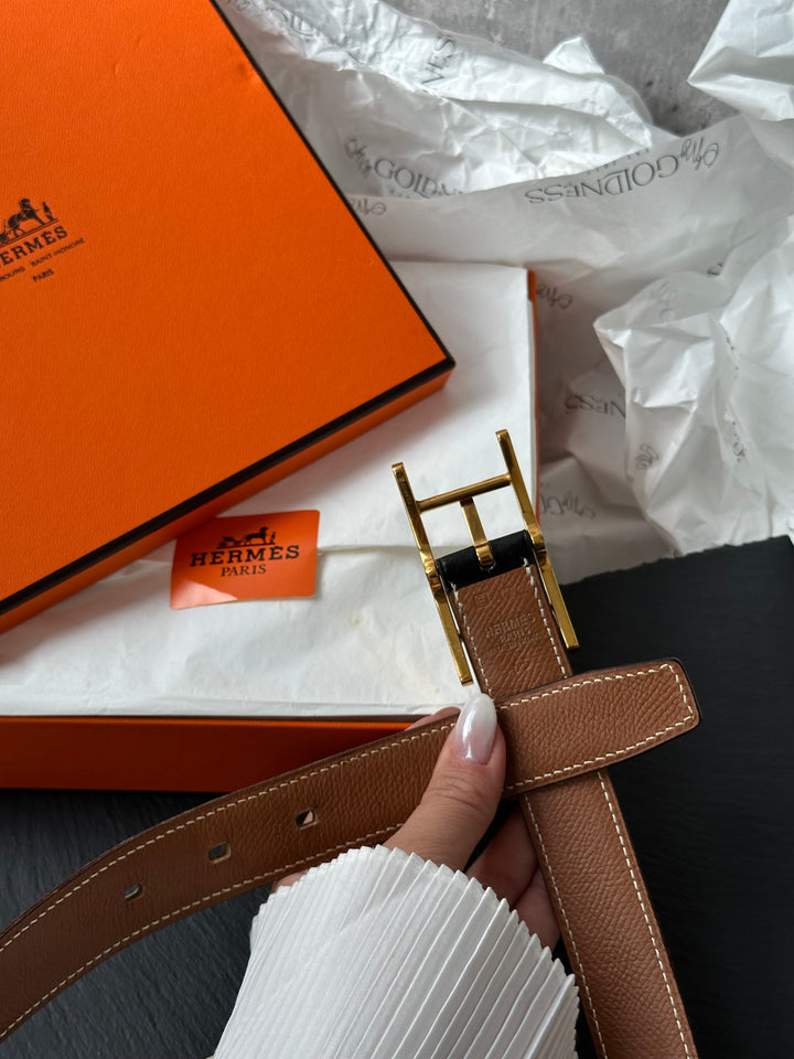 Hermes Vintage Slim Belt with Gold Buckle (Pre-H Logo) – Elegant & Rare with Box