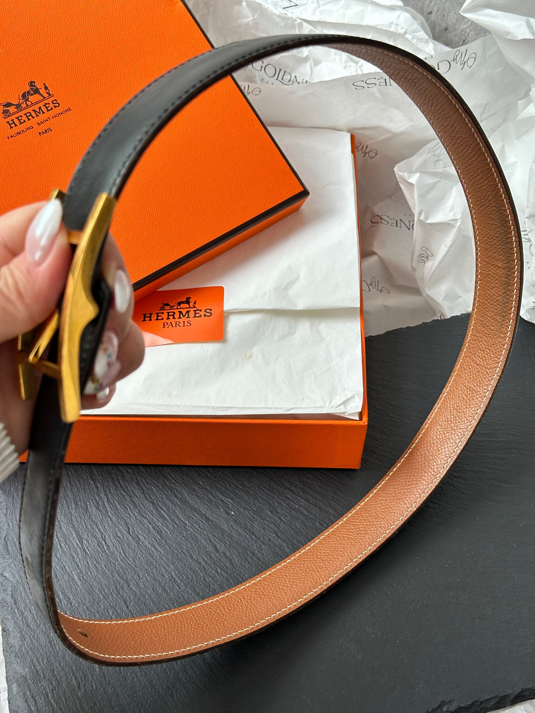 Hermes Vintage Slim Belt with Gold Buckle (Pre-H Logo) – Elegant & Rare with Box