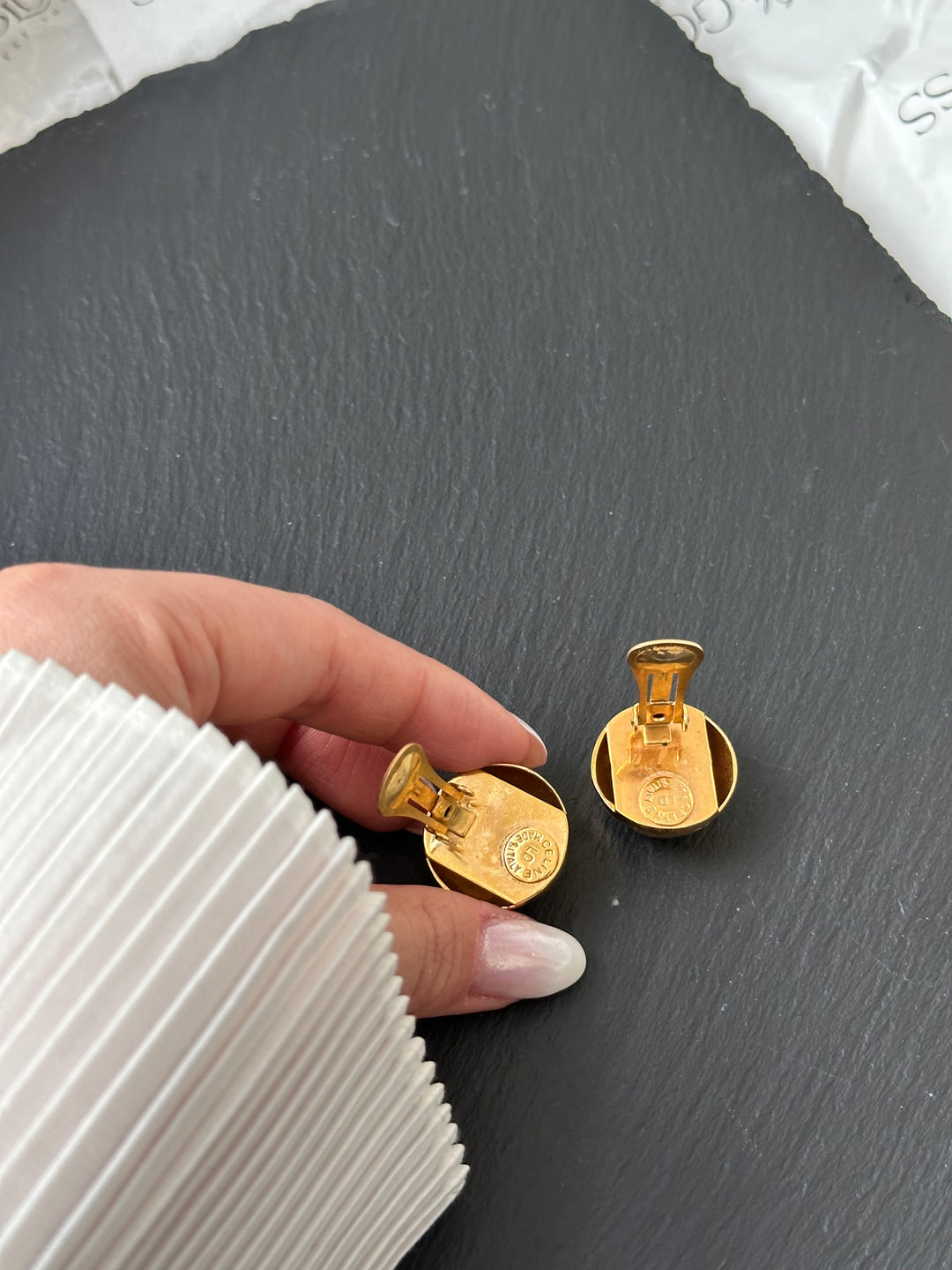 CELINE Gold Dome Clip-On Earrings – Triomphe Logo × Hammered Shine
