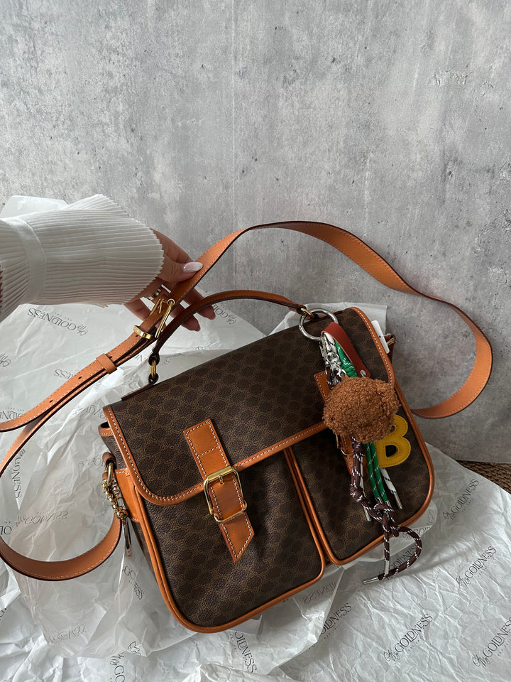 CELINE Double Pocket Messenger Bag with Gold Ring – Macadam Canvas × British School Charm