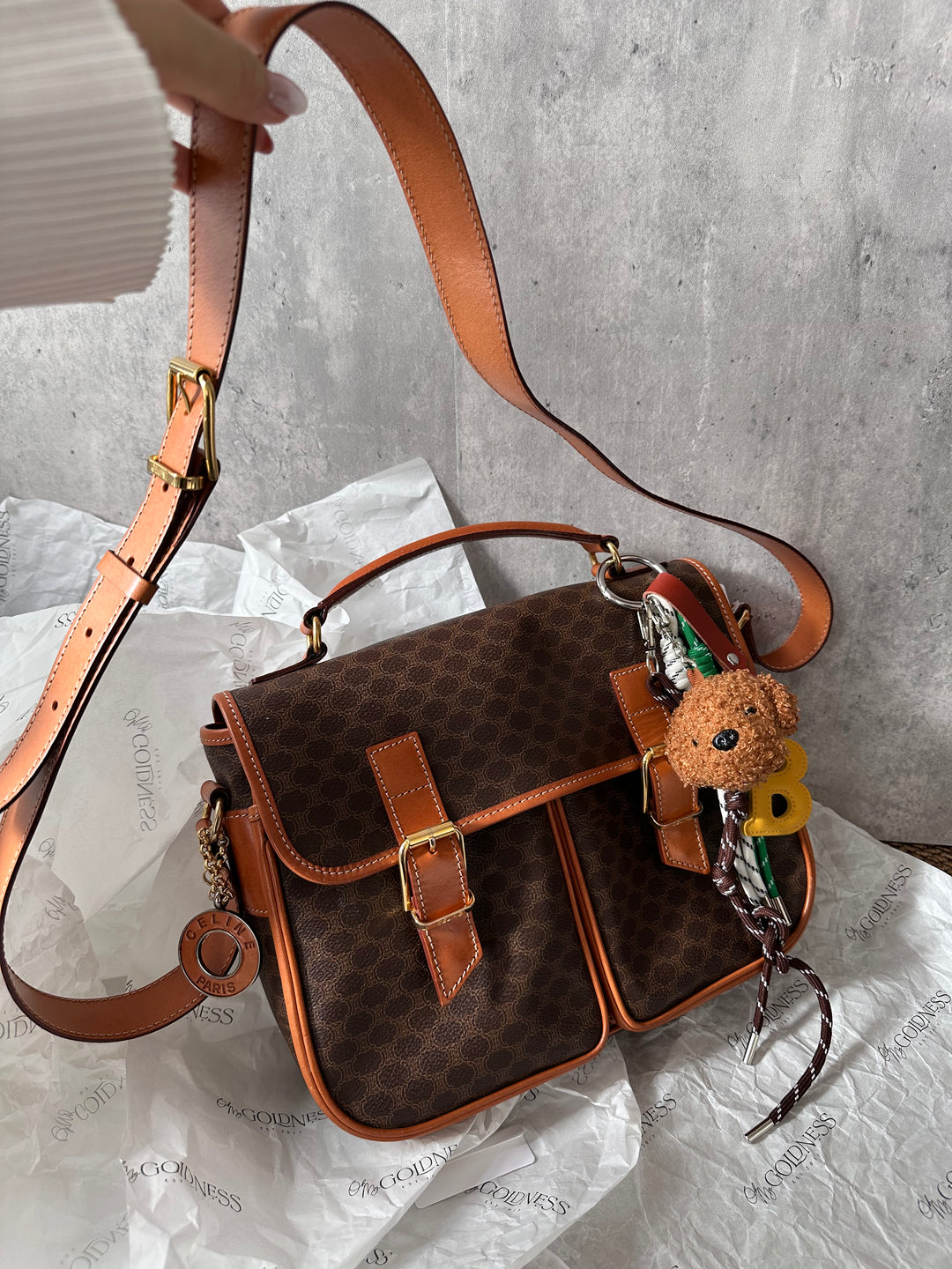 CELINE Double Pocket Messenger Bag with Gold Ring – Macadam Canvas × British School Charm