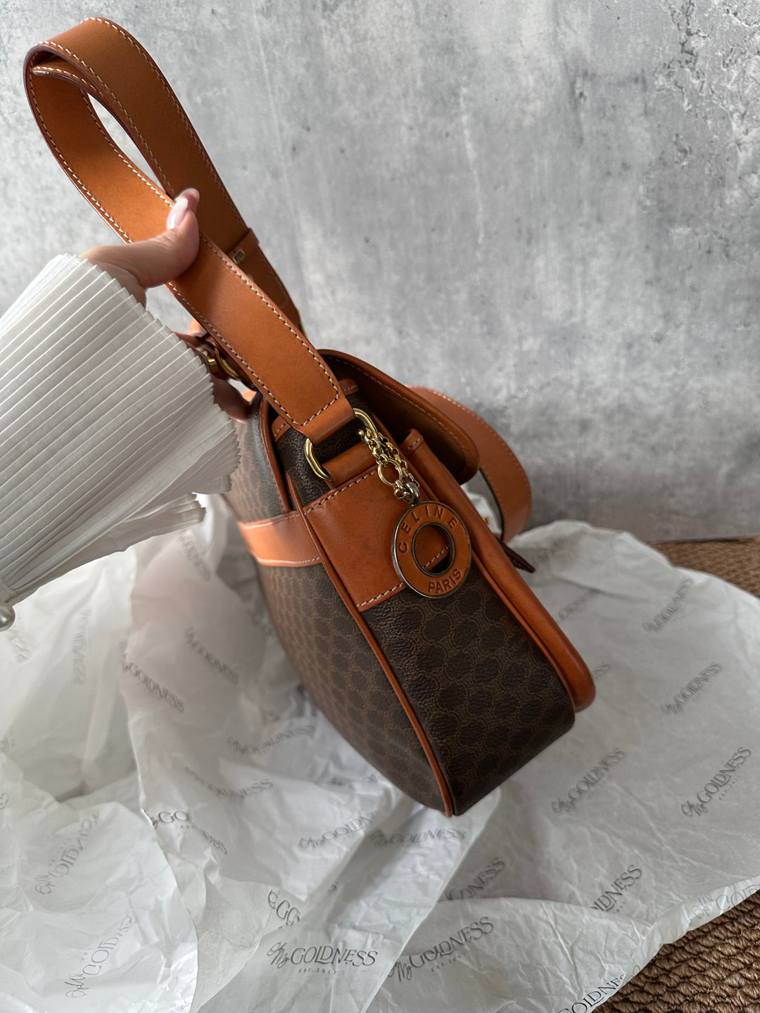 CELINE Double Pocket Messenger Bag with Gold Ring – Macadam Canvas × British School Charm