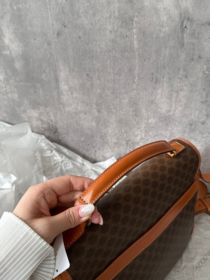 CELINE Double Pocket Messenger Bag with Gold Ring – Macadam Canvas × British School Charm