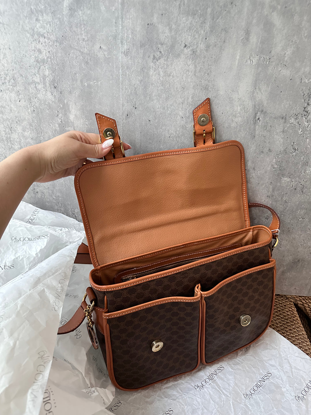 CELINE Double Pocket Messenger Bag with Gold Ring – Macadam Canvas × British School Charm
