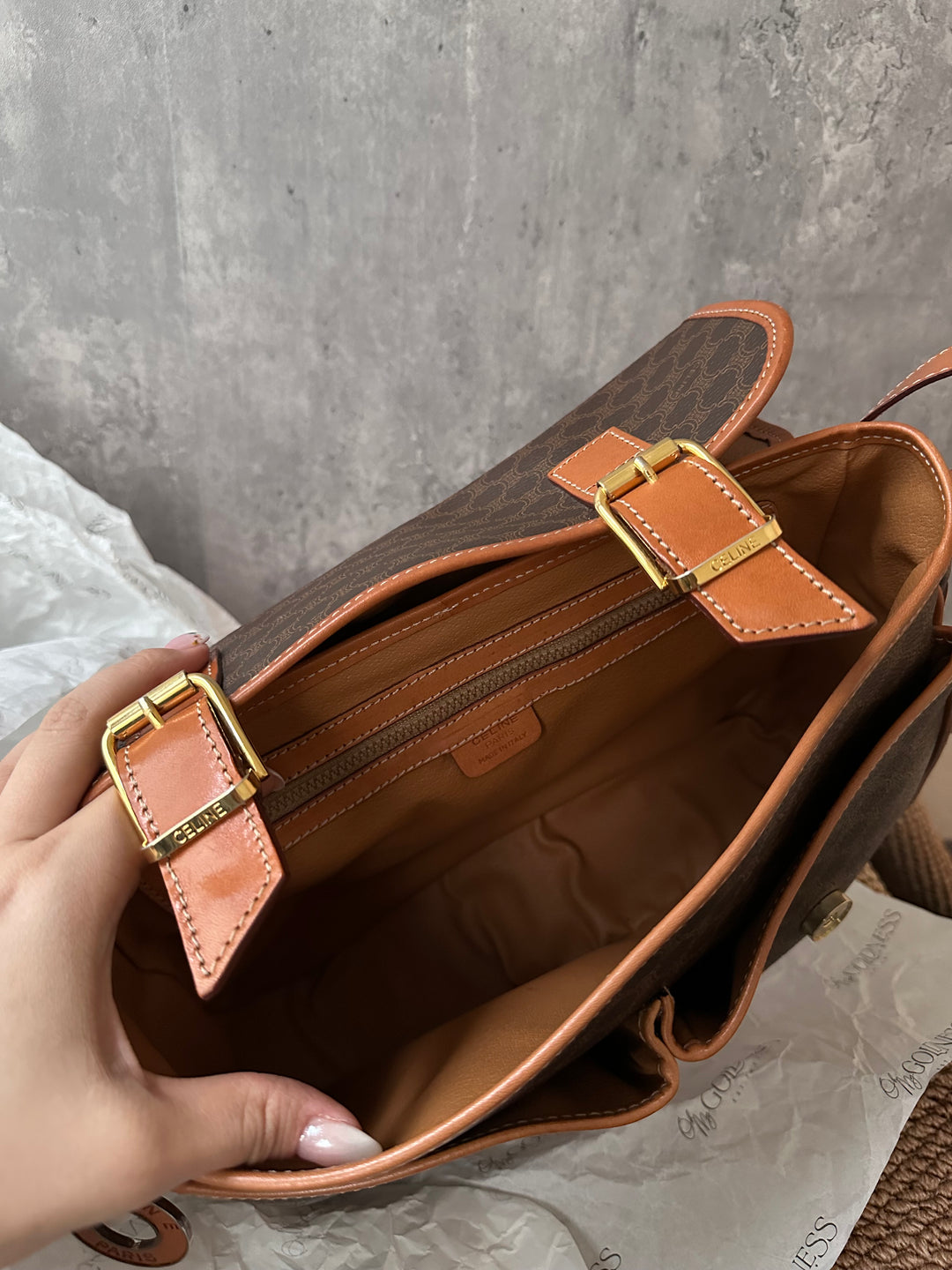CELINE Double Pocket Messenger Bag with Gold Ring – Macadam Canvas × British School Charm
