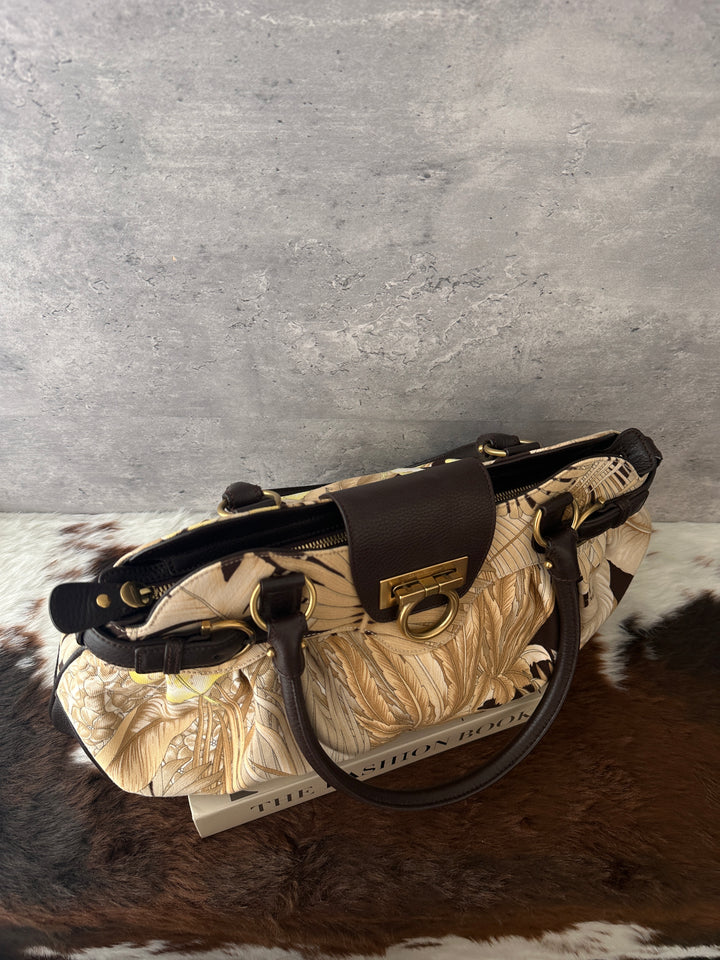 Ferragamo Gancini Floral Print Bag 🍂🤎｜Autumn Botanical Print・Brown Leather