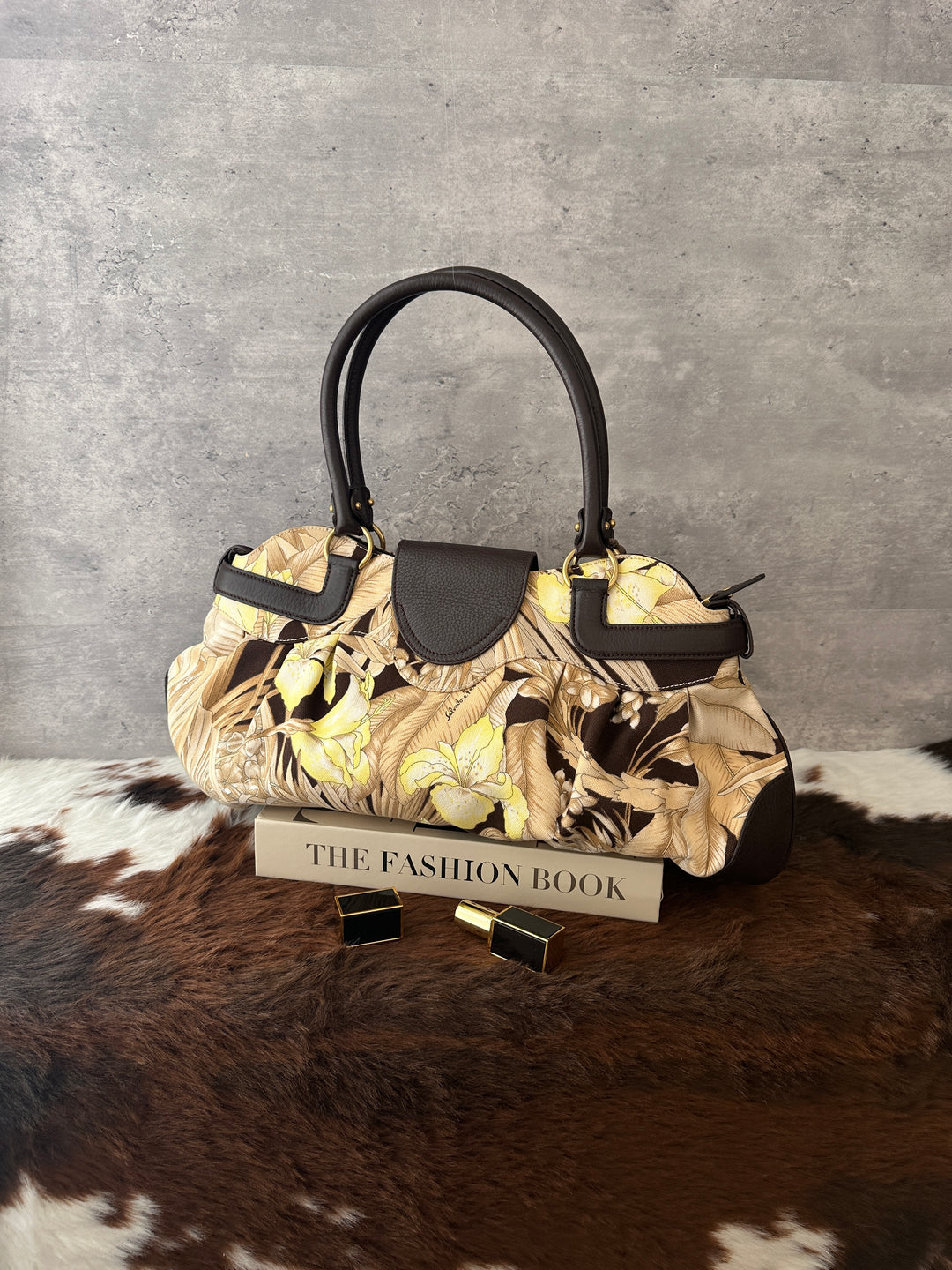 Ferragamo Gancini Floral Print Bag 🍂🤎｜Autumn Botanical Print・Brown Leather