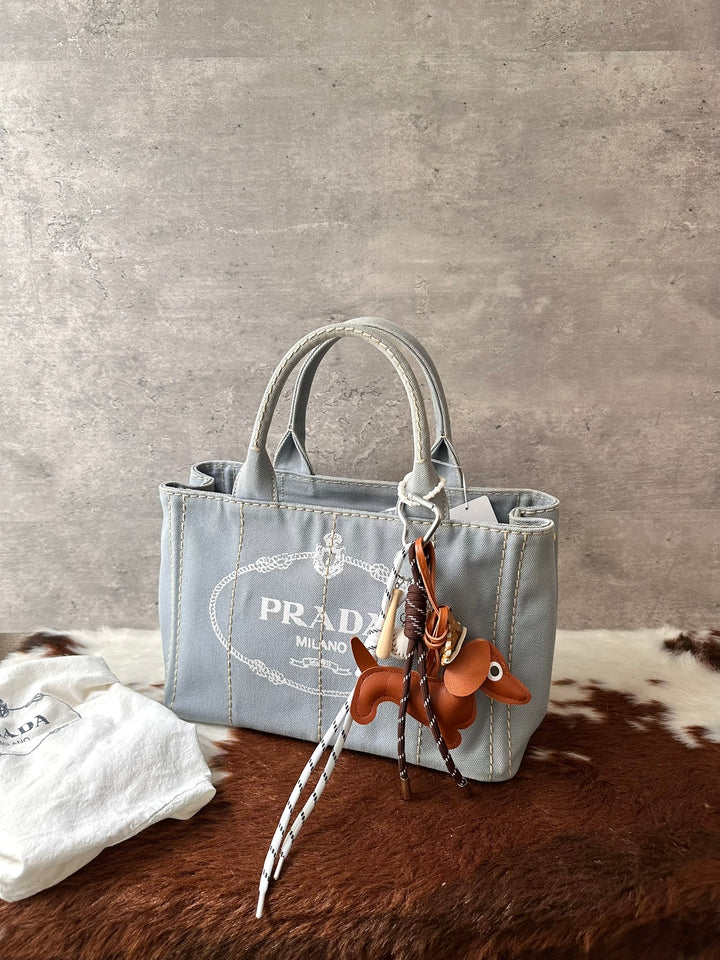 PRADA Baby Blue Small Canvas Tote Bag 🩶🩵｜Soft Baby Blue × Lightweight Canvas × Crossbody Styling✨