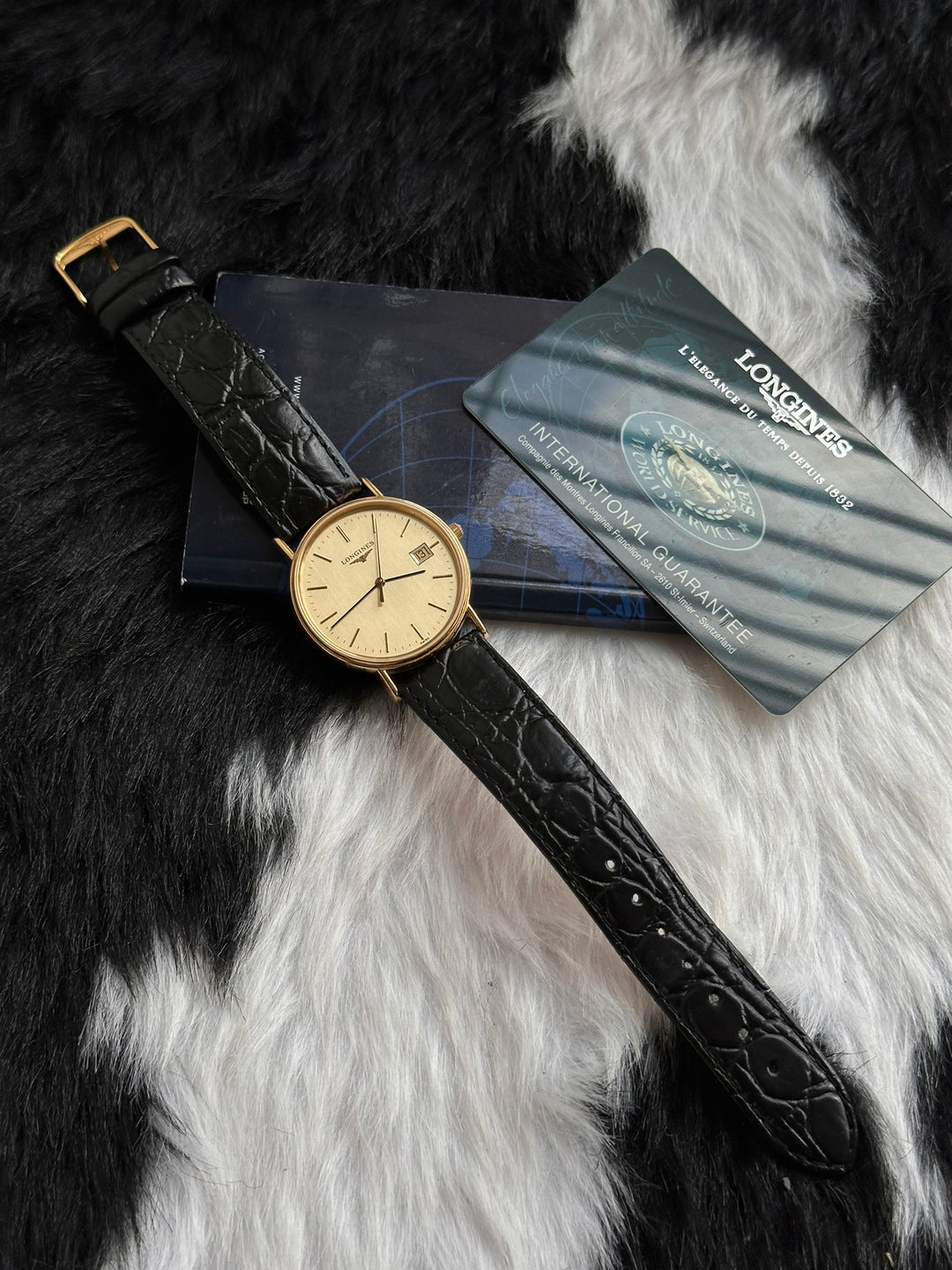 LONGINES Vintage Large Dial Watch ✨｜Guarantee Card × Gold-Tone Dial × Black Leather Strap