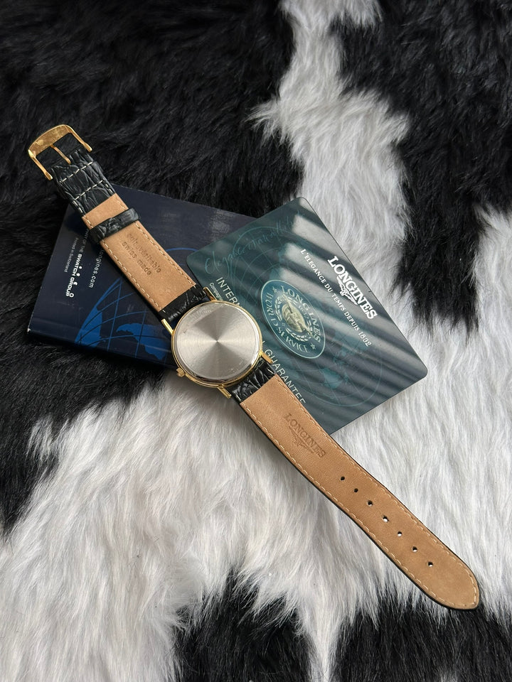 LONGINES Vintage Large Dial Watch ✨｜Guarantee Card × Gold-Tone Dial × Black Leather Strap