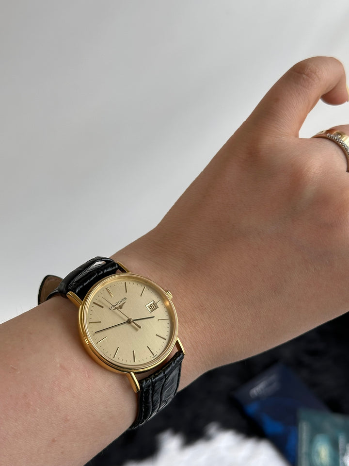 LONGINES Vintage Large Dial Watch ✨｜Guarantee Card × Gold-Tone Dial × Black Leather Strap
