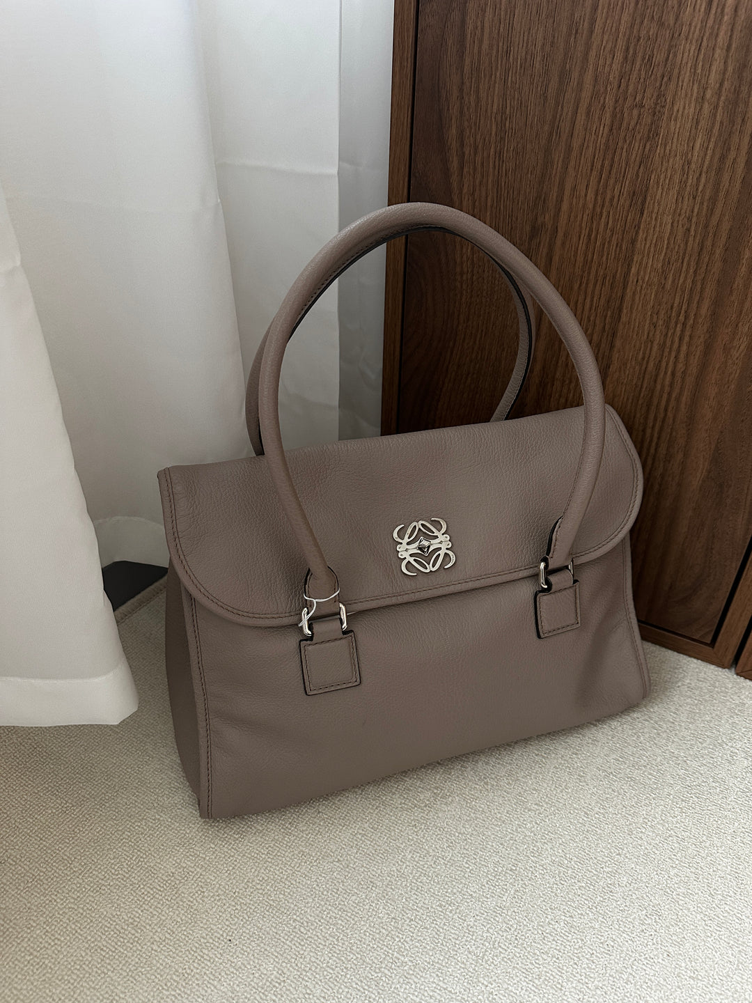 LOEWE Turn Lock Tote Bag – Taupe Leather with Silver Logo 🩶✨