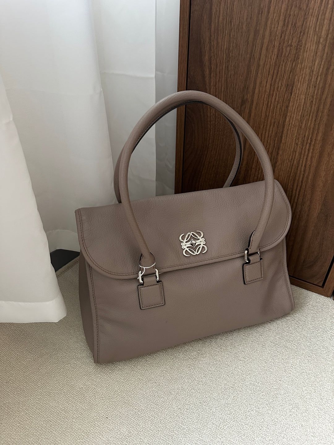 LOEWE Turn Lock Tote Bag – Taupe Leather with Silver Logo 🩶✨