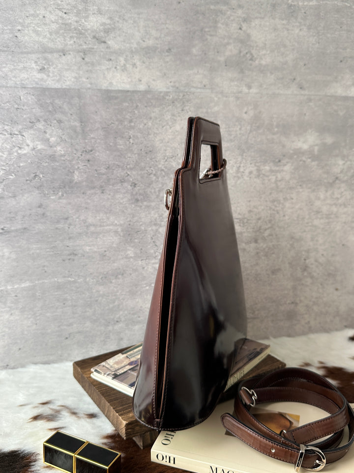 Ferragamo Gancini Ombre Box Leather Tote Bag 🤎🖤｜Ombre Box Leather × Original Strap × Rare Vintage Find✨