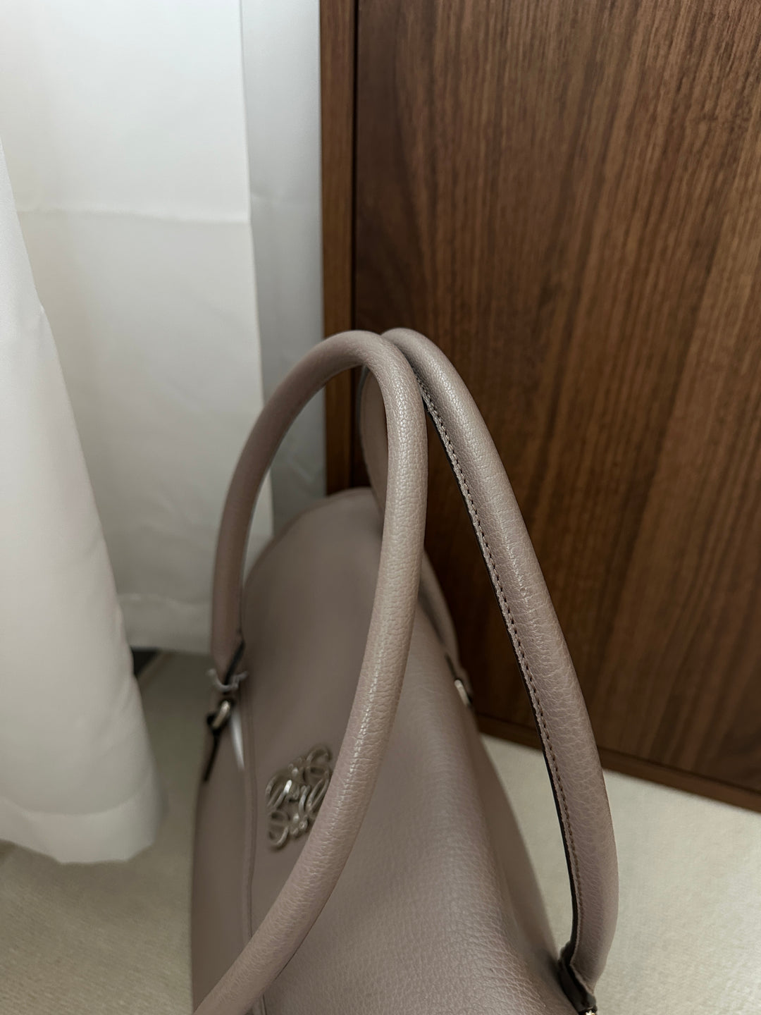 LOEWE Turn Lock Tote Bag – Taupe Leather with Silver Logo 🩶✨