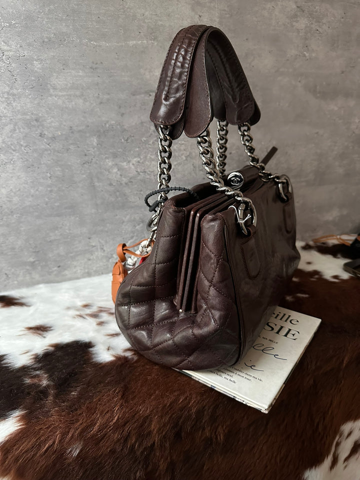 CHANEL Chocolate Kisslock Tote 🤎｜Glossy Calfskin｜Triple Compartments｜Rare Vintage