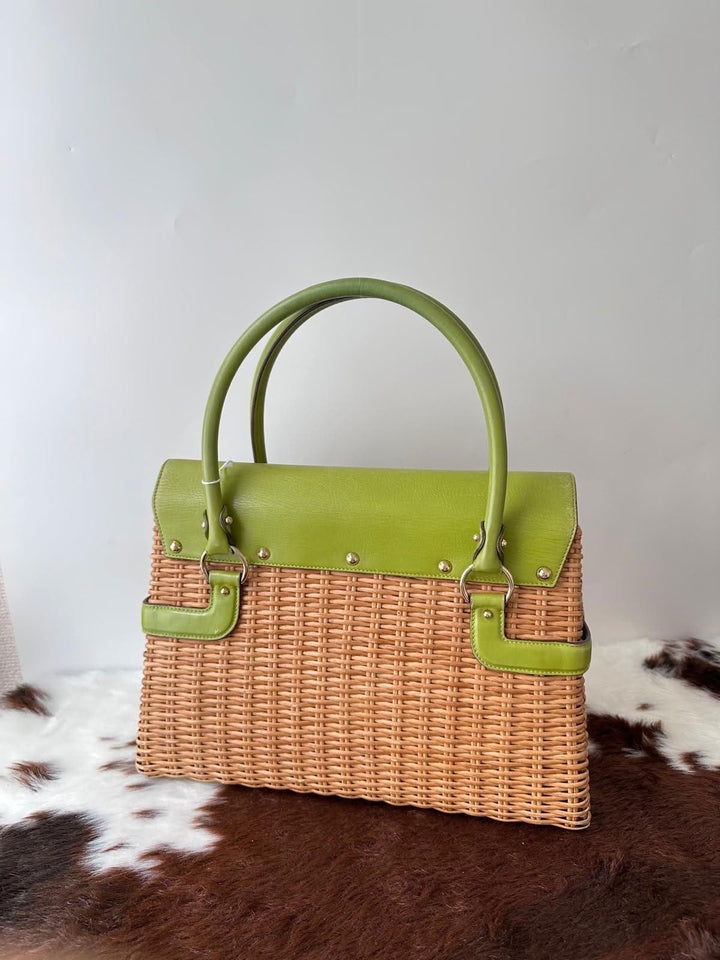 Ferragamo Wicker Gancini Top Handle Bag 💚🤎｜Rare Wicker Design × Fresh Green Leather × Iconic Gancini Lock