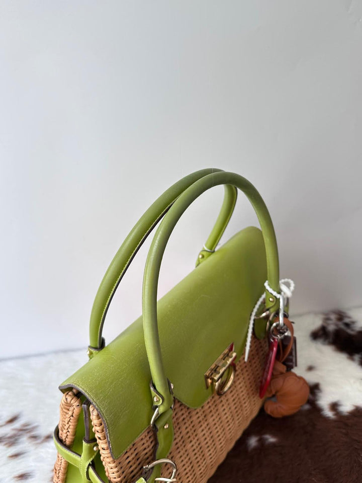 Ferragamo Wicker Gancini Top Handle Bag 💚🤎｜Rare Wicker Design × Fresh Green Leather × Iconic Gancini Lock