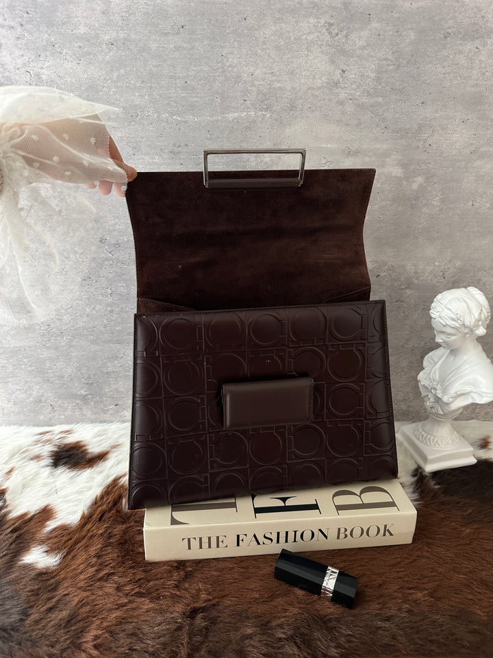 Ferragamo Gancini Embossed Handbag 🤎✨｜Chocolate Brown・Vintage Top Handle・Quiet Luxury