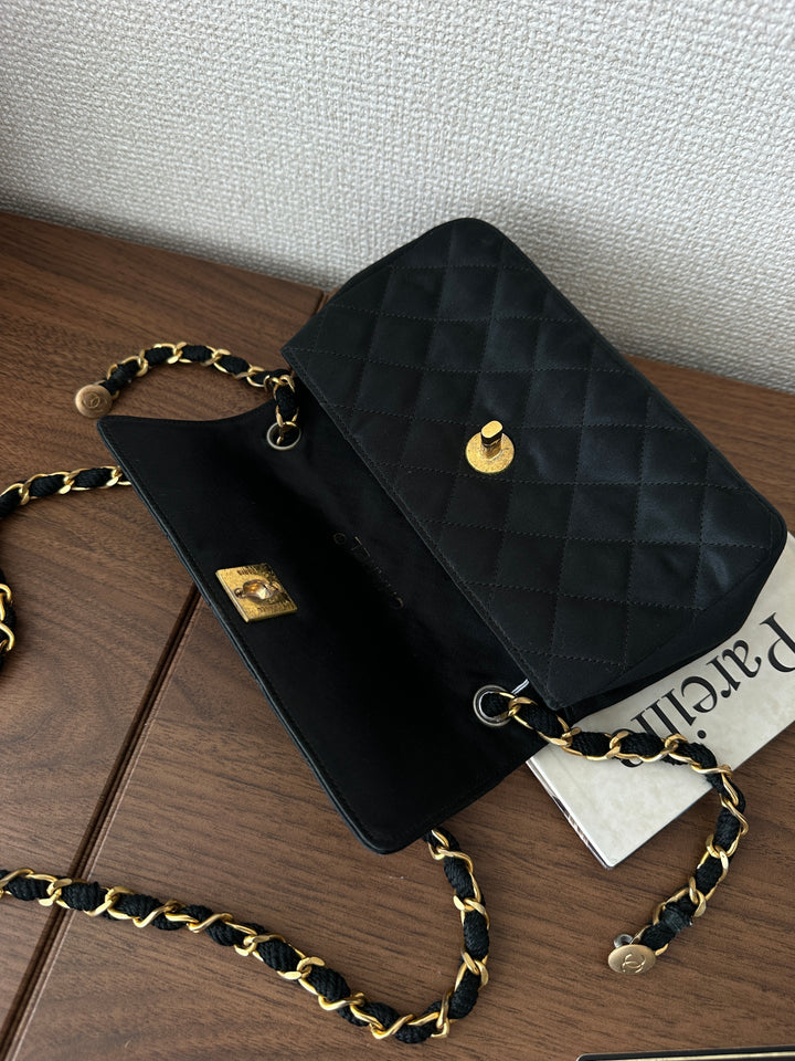 CHANEL Black Satin Mini Bag – Full Set with Card & Sticker 🖤✨