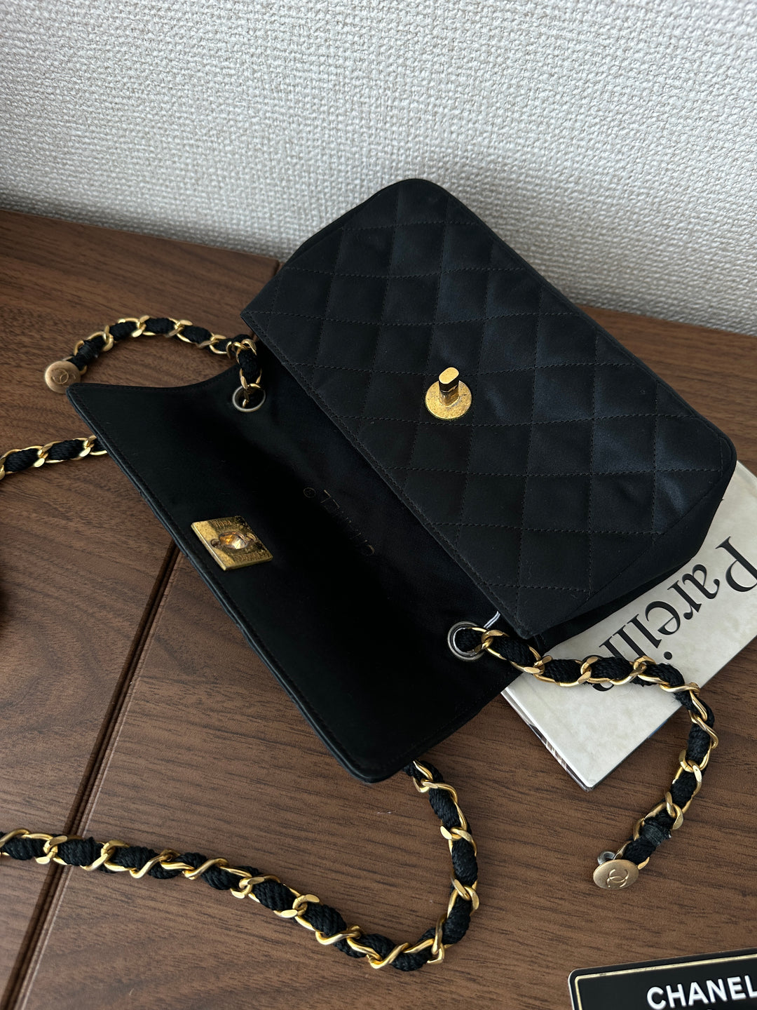 CHANEL Black Satin Mini Bag – Full Set with Card & Sticker 🖤✨