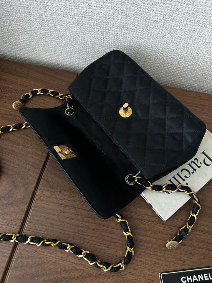 CHANEL Black Satin Mini Bag – Full Set with Card & Sticker 🖤✨
