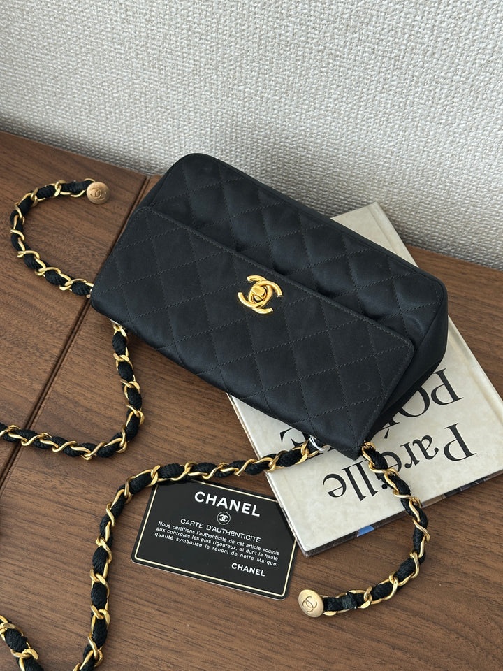 CHANEL Black Satin Mini Bag – Full Set with Card & Sticker 🖤✨