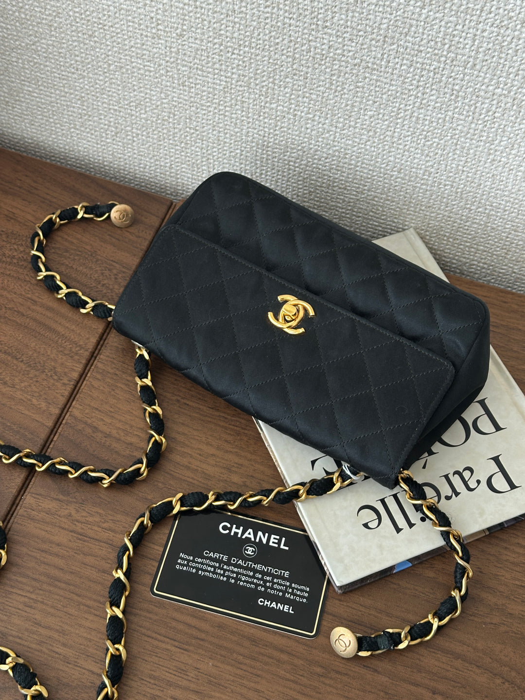 CHANEL Black Satin Mini Bag – Full Set with Card & Sticker 🖤✨