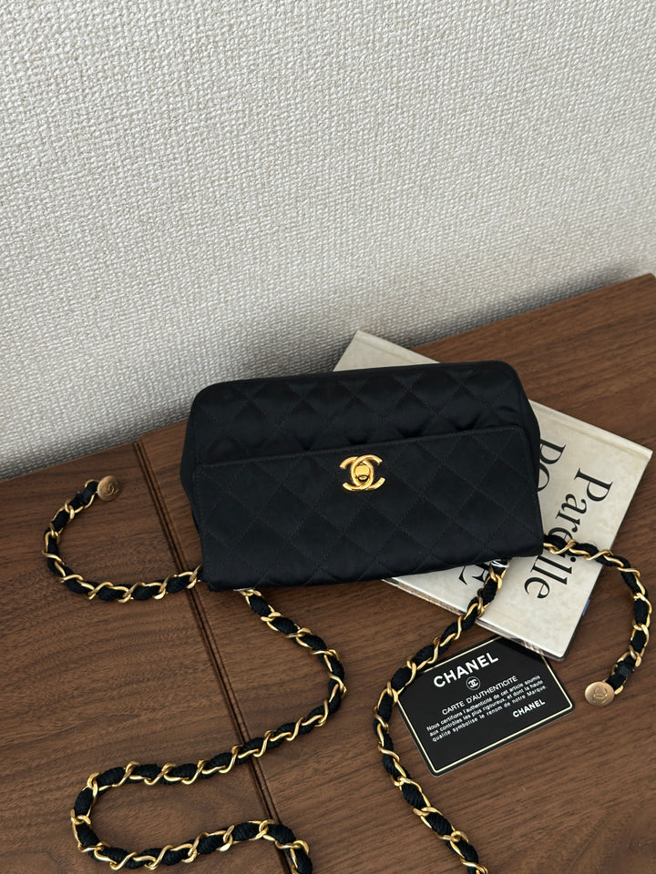 CHANEL Black Satin Mini Bag – Full Set with Card & Sticker 🖤✨