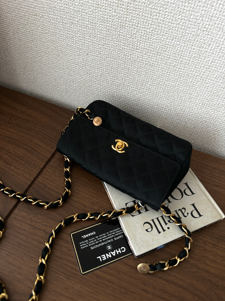 CHANEL Black Satin Mini Bag – Full Set with Card & Sticker 🖤✨