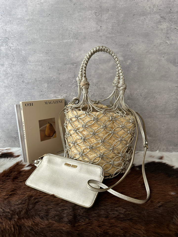 Miu Miu Raffia Net Bucket Bag 🥨✨｜Champagne Gold・Woven Raffia・With Pouch & Dust Bag