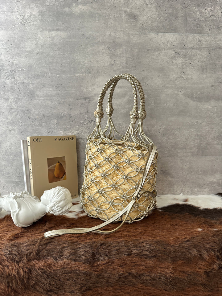 Miu Miu Raffia Net Bucket Bag 🥨✨｜Champagne Gold・Woven Raffia・With Pouch & Dust Bag