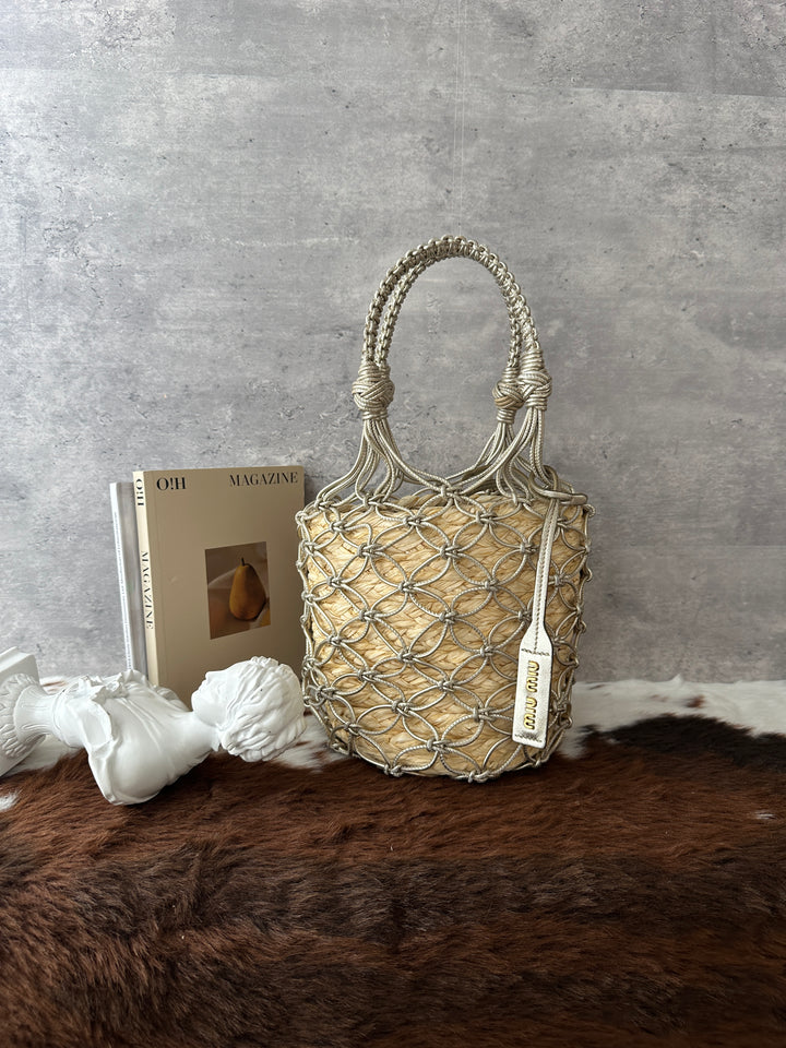 Miu Miu Raffia Net Bucket Bag 🥨✨｜Champagne Gold・Woven Raffia・With Pouch & Dust Bag